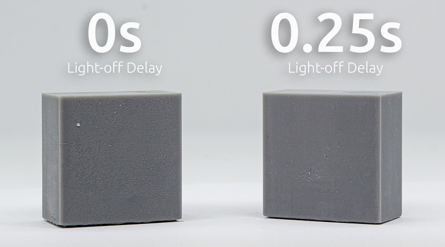 Example of Light-off delay influence in resin 3D printing to avoid blooming